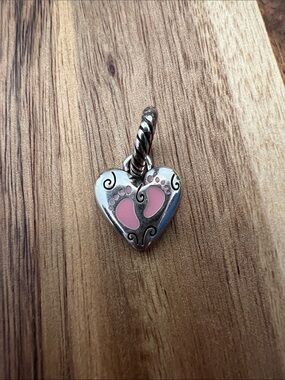 Silver Heart Charm with Pink baby footprints
